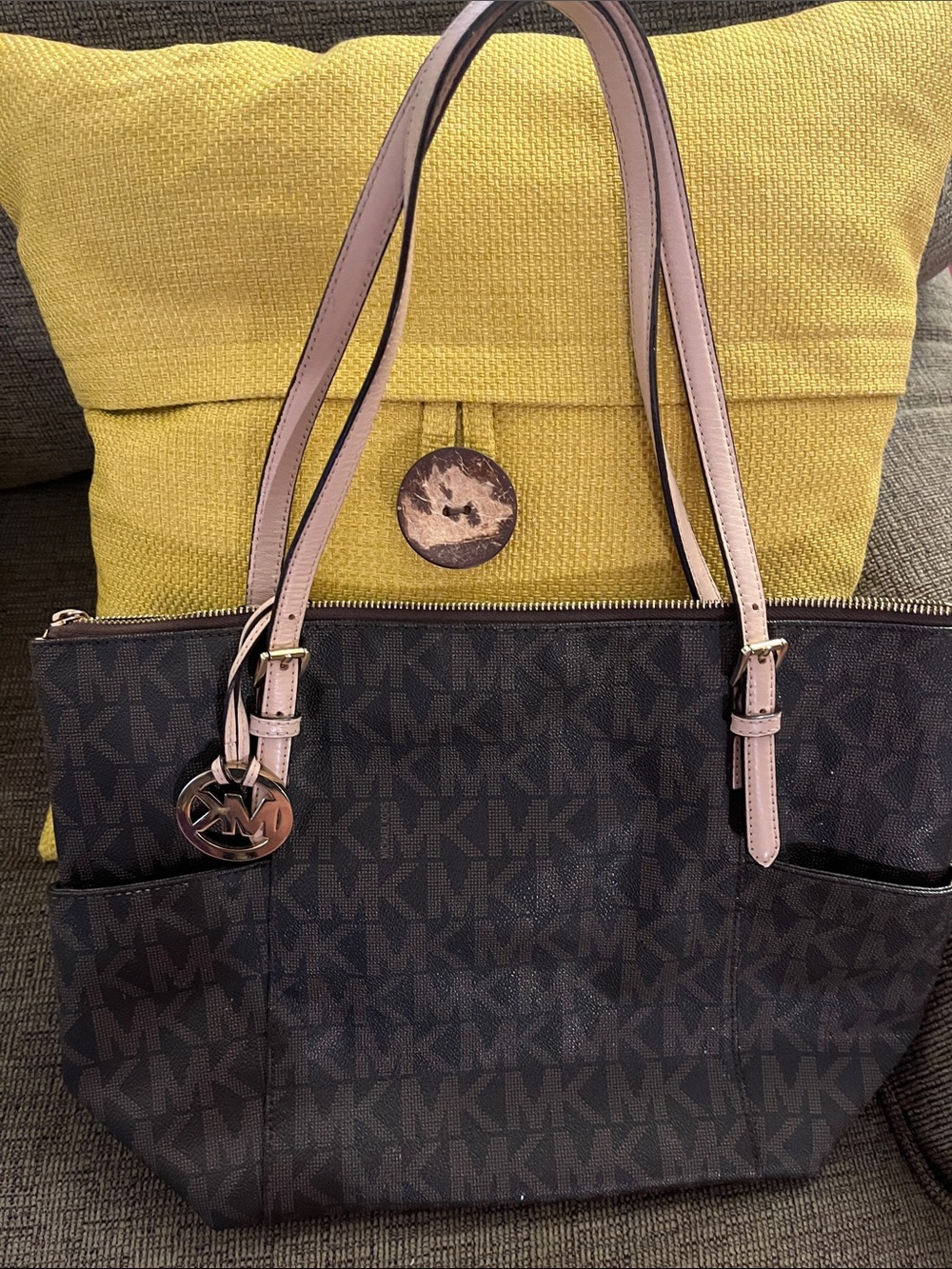 Michael Kors Dark Brown Logo Tote with tan straps.